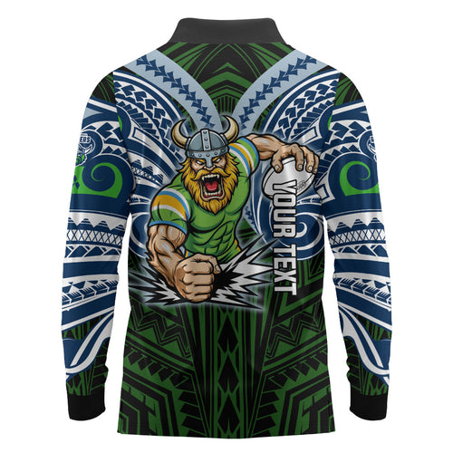 Custom Canberra Raiders Long Sleeve Polo Shirt Viking Warrior Polynesia Islander Rugby Mascot