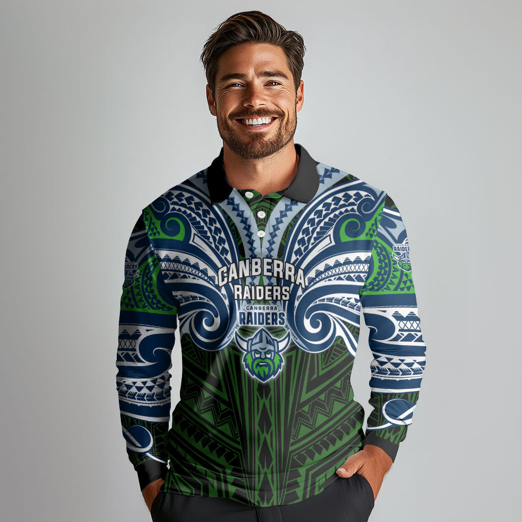 Custom Canberra Raiders Long Sleeve Polo Shirt Viking Warrior Polynesia Islander Rugby Mascot