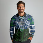 Custom Canberra Raiders Long Sleeve Polo Shirt Viking Warrior Polynesia Islander Rugby Mascot