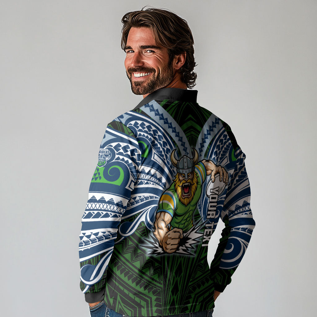Custom Canberra Raiders Long Sleeve Polo Shirt Viking Warrior Polynesia Islander Rugby Mascot