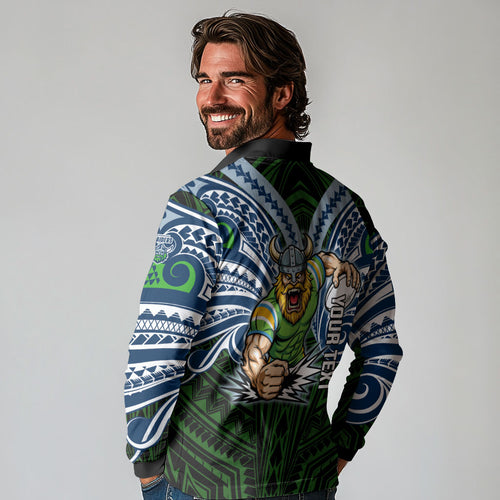 Custom Canberra Raiders Long Sleeve Polo Shirt Viking Warrior Polynesia Islander Rugby Mascot
