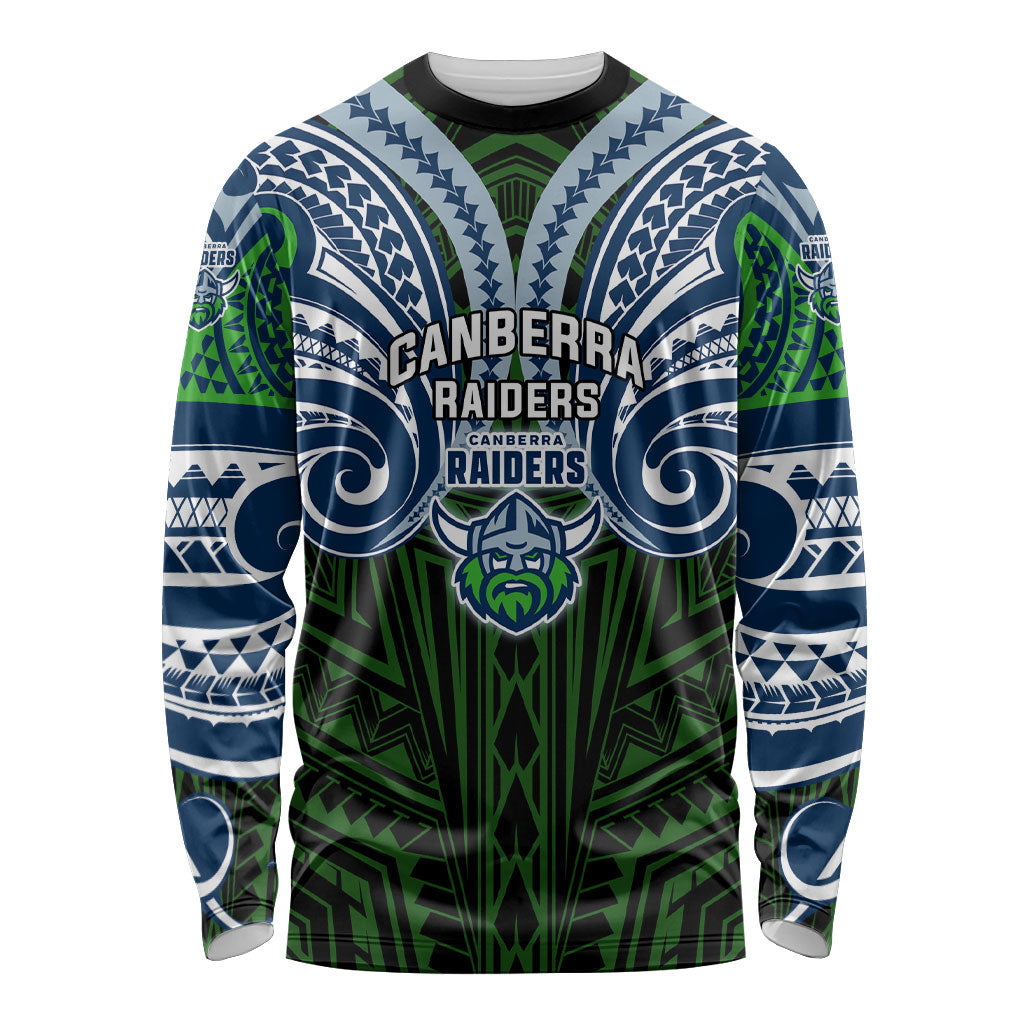 Custom Canberra Raiders Long Sleeve Shirt Viking Warrior Polynesia Islander Rugby Mascot