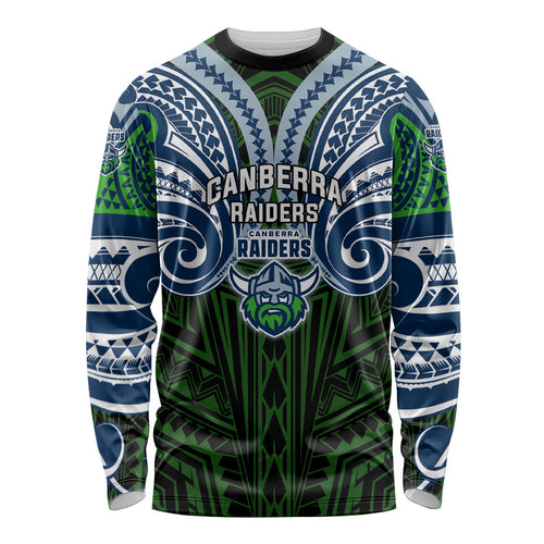 Custom Canberra Raiders Long Sleeve Shirt Viking Warrior Polynesia Islander Rugby Mascot