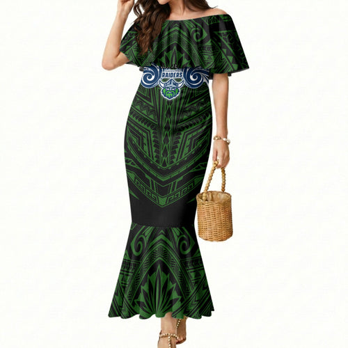 Custom Canberra Raiders Mermaid Dress Viking Warrior Polynesia Islander Rugby Mascot