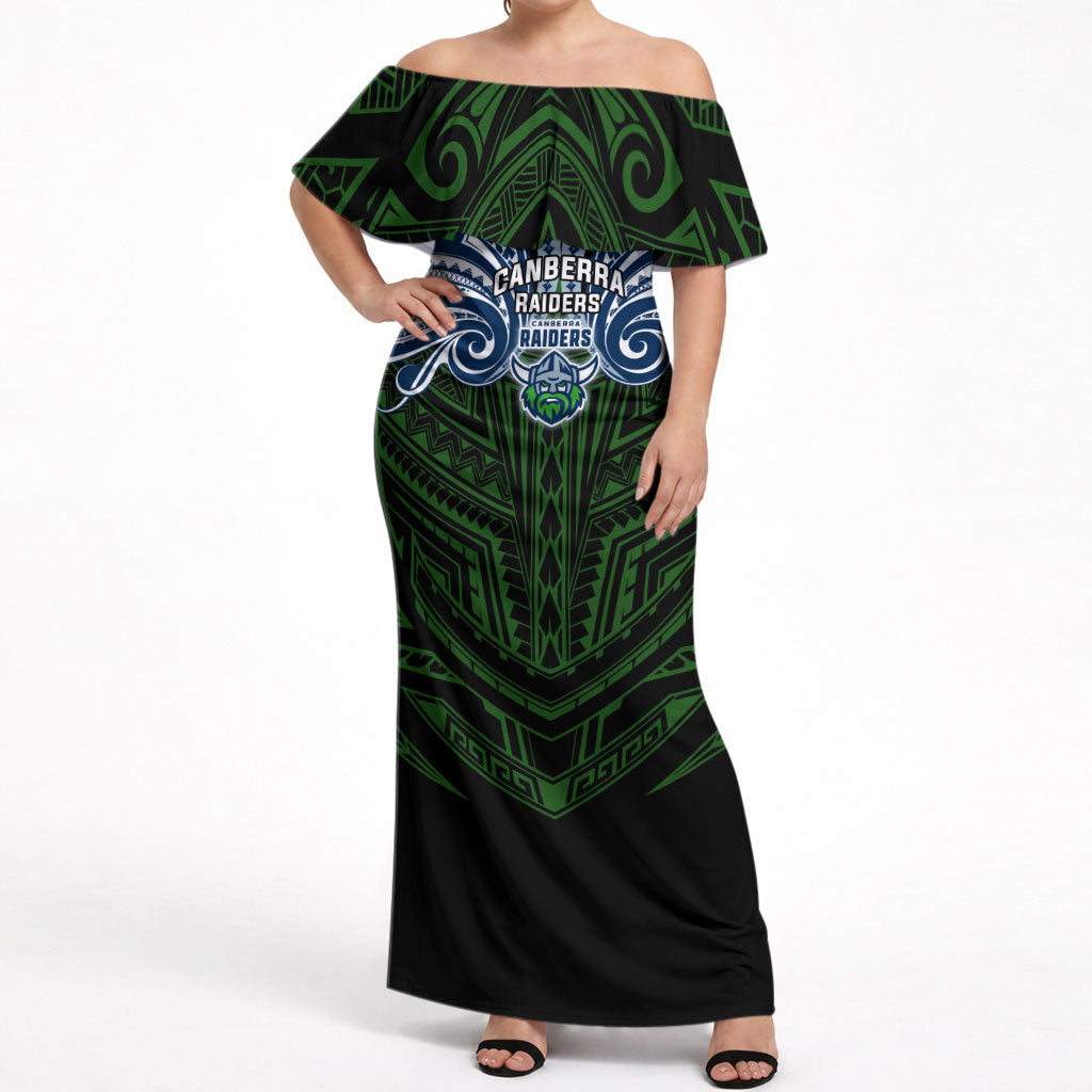 Custom Canberra Raiders Off Shoulder Maxi Dress Viking Warrior Polynesia Islander Rugby Mascot