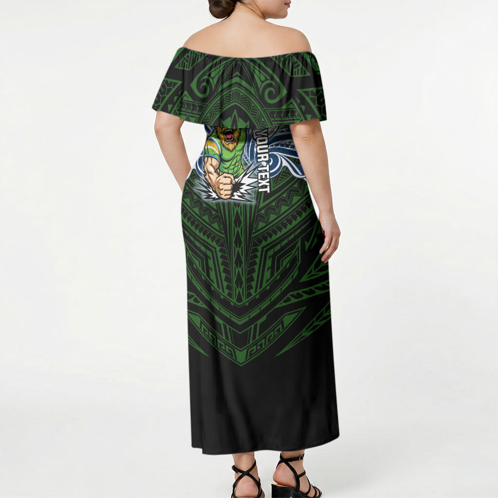 Custom Canberra Raiders Off Shoulder Maxi Dress Viking Warrior Polynesia Islander Rugby Mascot