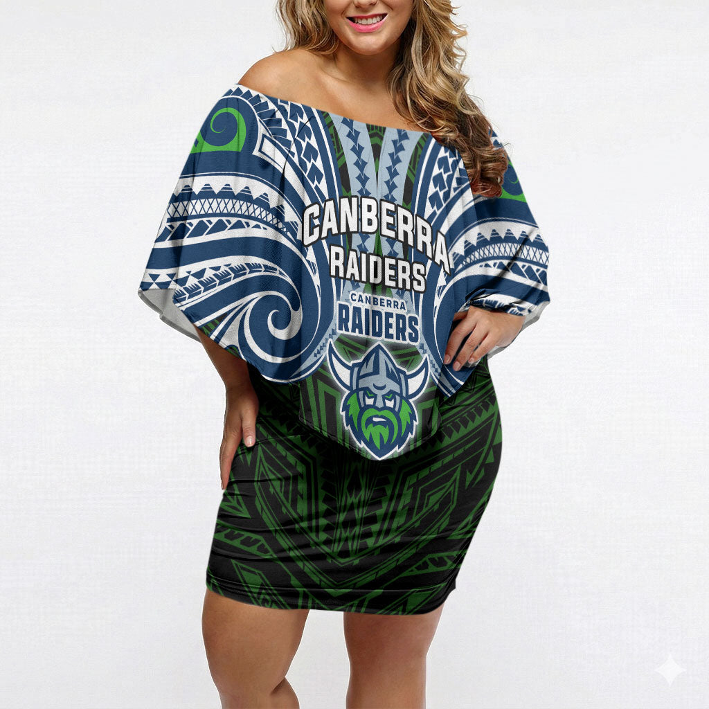 Custom Canberra Raiders Off Shoulder Short Dress Viking Warrior Polynesia Islander Rugby Mascot