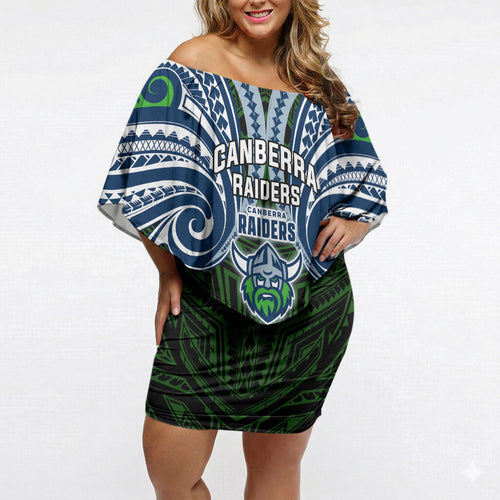 Custom Canberra Raiders Off Shoulder Short Dress Viking Warrior Polynesia Islander Rugby Mascot