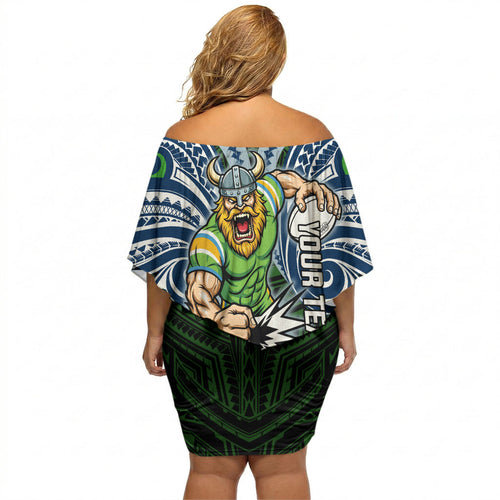 Custom Canberra Raiders Off Shoulder Short Dress Viking Warrior Polynesia Islander Rugby Mascot