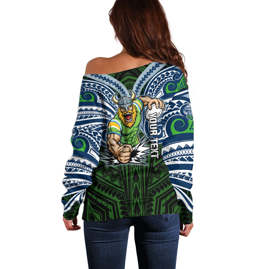 Custom Canberra Raiders Off Shoulder Sweater Viking Warrior Polynesia Islander Rugby Mascot