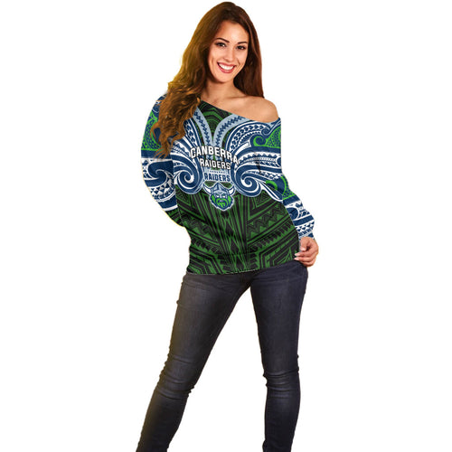 Custom Canberra Raiders Off Shoulder Sweater Viking Warrior Polynesia Islander Rugby Mascot