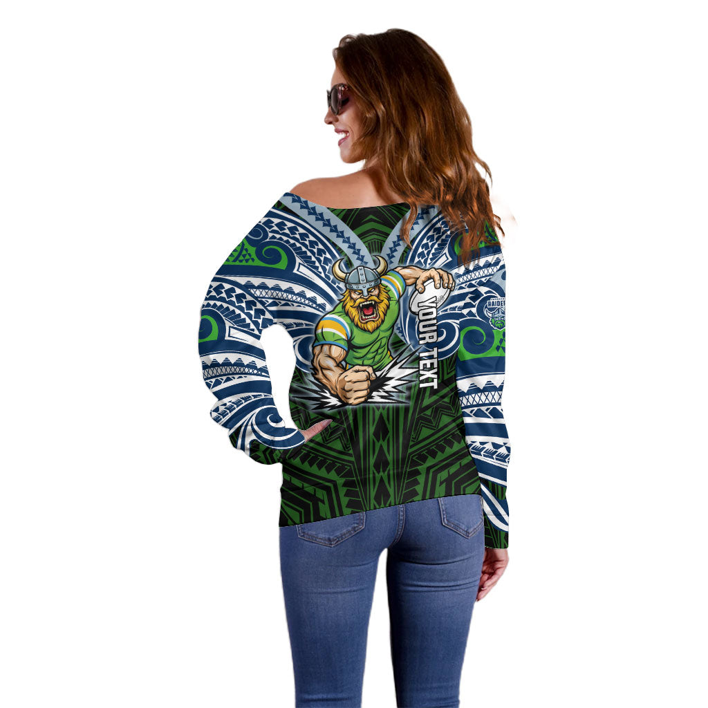 Custom Canberra Raiders Off Shoulder Sweater Viking Warrior Polynesia Islander Rugby Mascot