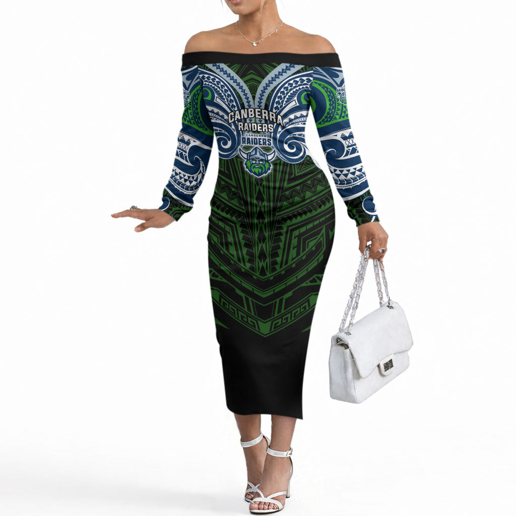 Custom Canberra Raiders Off The Shoulder Long Sleeve Dress Viking Warrior Polynesia Islander Rugby Mascot