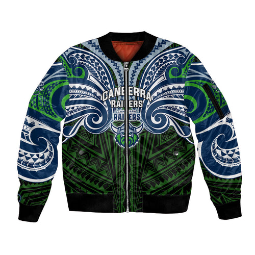 Custom Canberra Raiders Sleeve Zip Bomber Jacket Viking Warrior Polynesia Islander Rugby Mascot