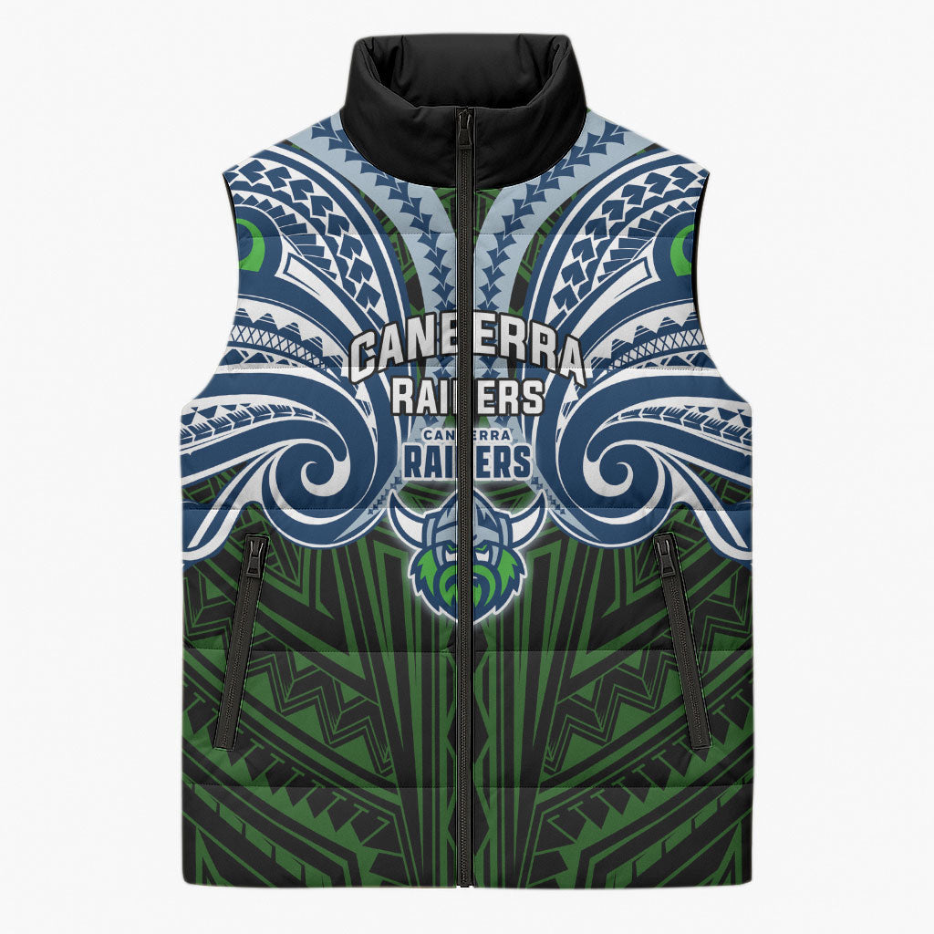 Custom Canberra Raiders Sleeveless Puffer Jacket Viking Warrior Polynesia Islander Rugby Mascot