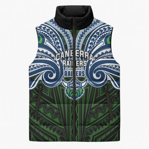 Custom Canberra Raiders Sleeveless Puffer Jacket Viking Warrior Polynesia Islander Rugby Mascot