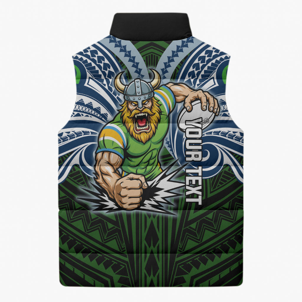Custom Canberra Raiders Sleeveless Puffer Jacket Viking Warrior Polynesia Islander Rugby Mascot