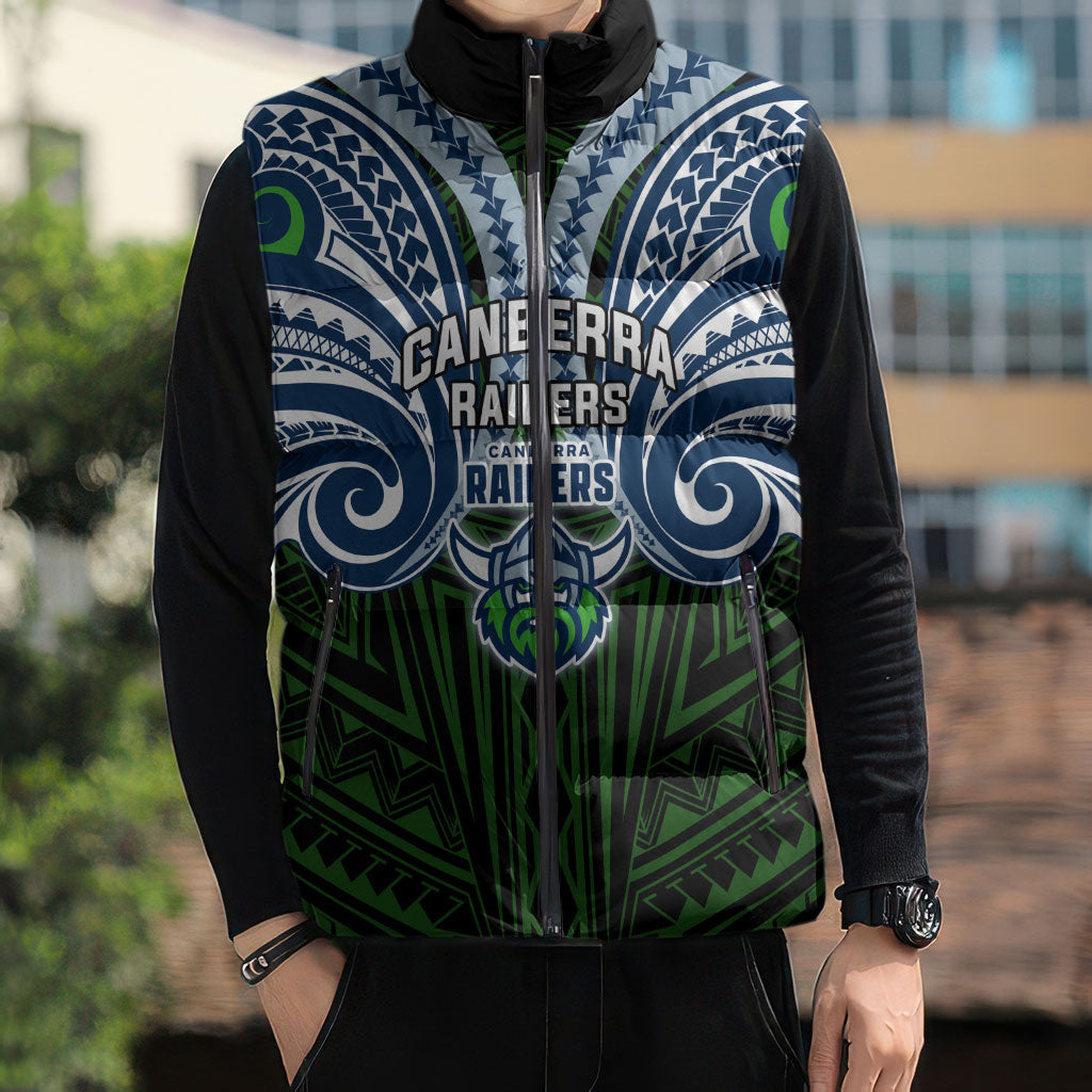 Custom Canberra Raiders Sleeveless Puffer Jacket Viking Warrior Polynesia Islander Rugby Mascot