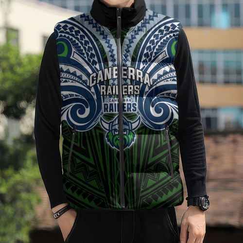 Custom Canberra Raiders Sleeveless Puffer Jacket Viking Warrior Polynesia Islander Rugby Mascot