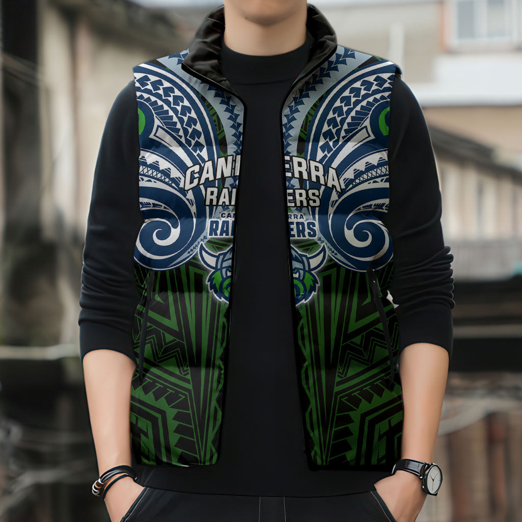 Custom Canberra Raiders Sleeveless Puffer Jacket Viking Warrior Polynesia Islander Rugby Mascot