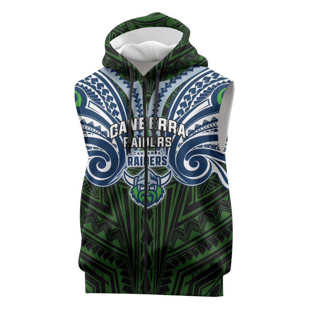 Custom Canberra Raiders Sleeveless Zip Hoodie Viking Warrior Polynesia Islander Rugby Mascot