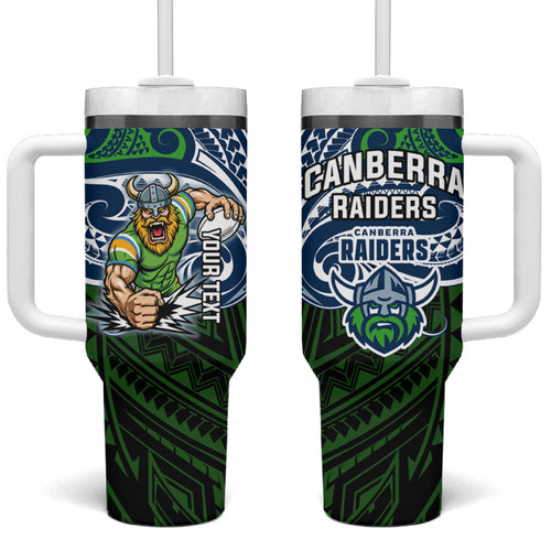 Custom Canberra Raiders Tumbler With Handle Viking Warrior Polynesia Islander Rugby Mascot