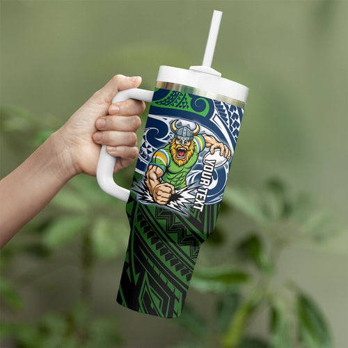 Custom Canberra Raiders Tumbler With Handle Viking Warrior Polynesia Islander Rugby Mascot