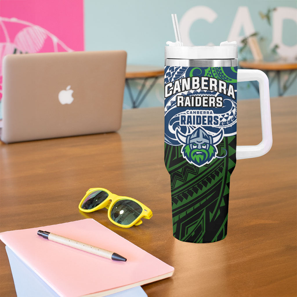 Custom Canberra Raiders Tumbler With Handle Viking Warrior Polynesia Islander Rugby Mascot