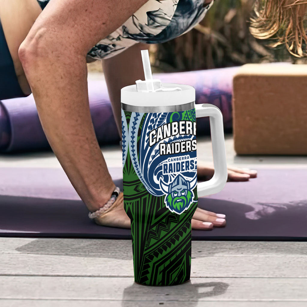 Custom Canberra Raiders Tumbler With Handle Viking Warrior Polynesia Islander Rugby Mascot
