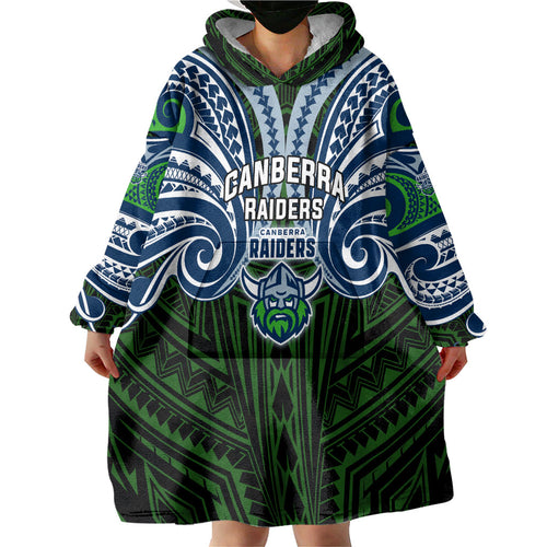 Custom Canberra Raiders Wearable Blanket Hoodie Viking Warrior Polynesia Islander Rugby Mascot