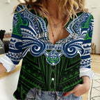 Custom Canberra Raiders Women Casual Shirt Viking Warrior Polynesia Islander Rugby Mascot