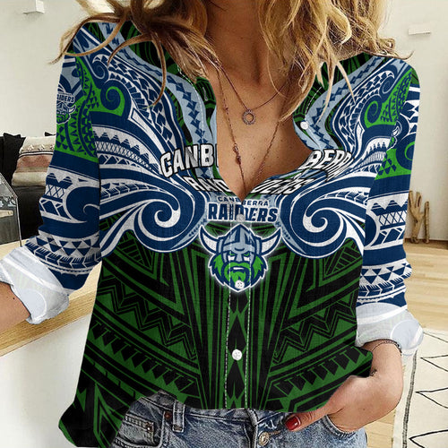 Custom Canberra Raiders Women Casual Shirt Viking Warrior Polynesia Islander Rugby Mascot