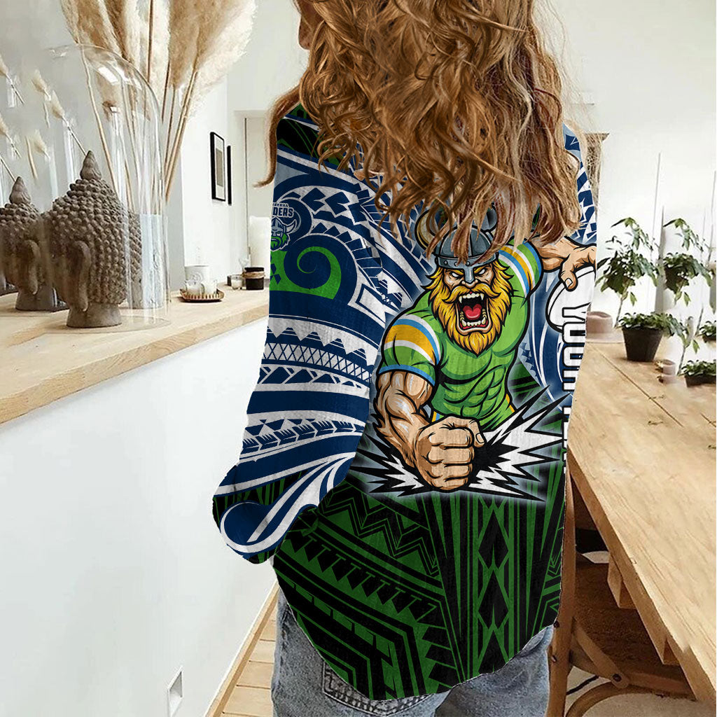 Custom Canberra Raiders Women Casual Shirt Viking Warrior Polynesia Islander Rugby Mascot