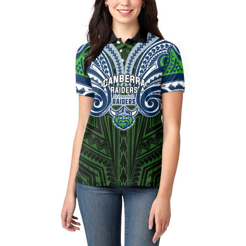 Custom Canberra Raiders Women Polo Shirt Viking Warrior Polynesia Islander Rugby Mascot