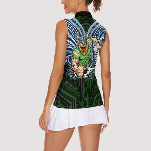 Custom Canberra Raiders Women Sleeveless Polo Shirt Viking Warrior Polynesia Islander Rugby Mascot