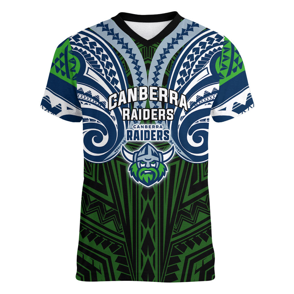 Custom Canberra Raiders Women V-Neck T-Shirt Viking Warrior Polynesia Islander Rugby Mascot