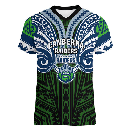 Custom Canberra Raiders Women V-Neck T-Shirt Viking Warrior Polynesia Islander Rugby Mascot