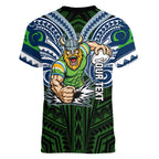 Custom Canberra Raiders Women V-Neck T-Shirt Viking Warrior Polynesia Islander Rugby Mascot