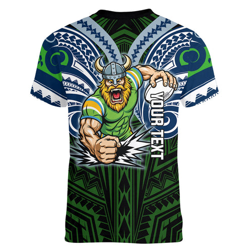 Custom Canberra Raiders Women V-Neck T-Shirt Viking Warrior Polynesia Islander Rugby Mascot