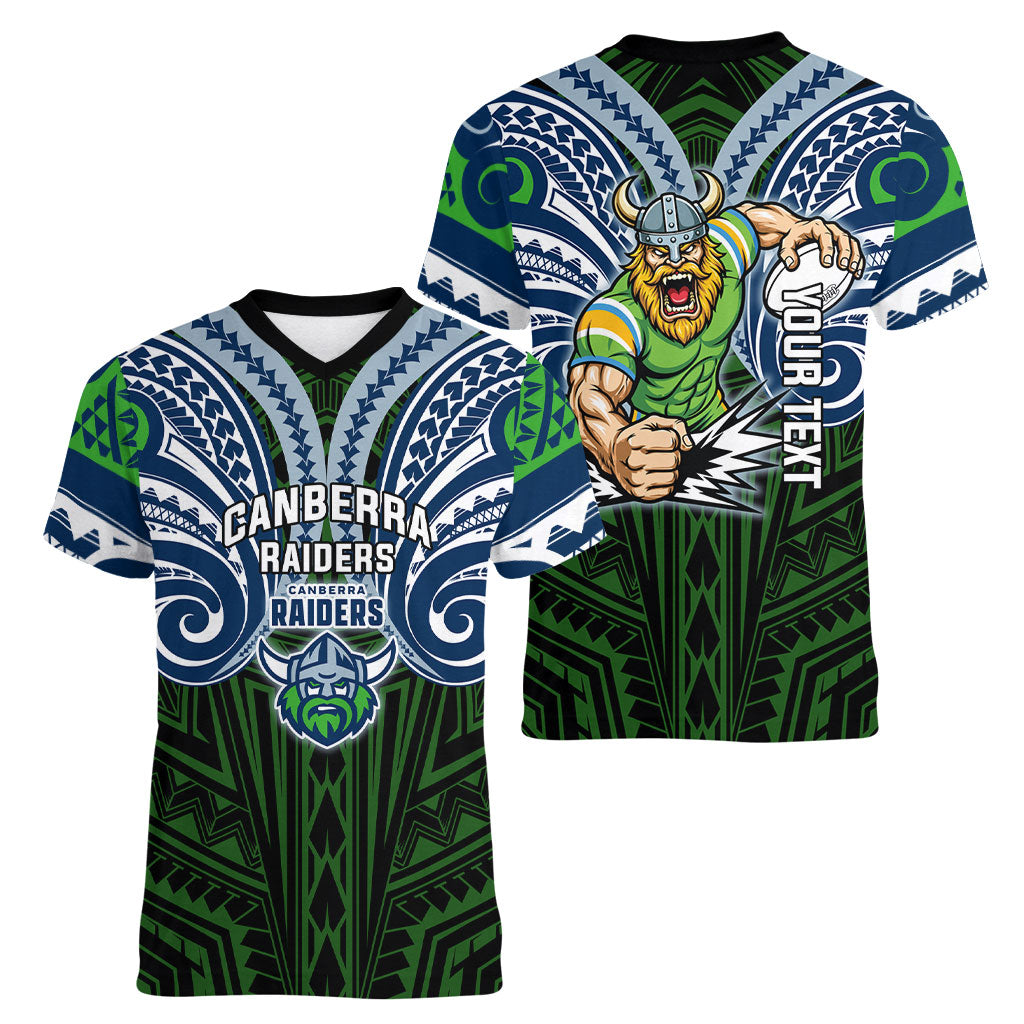 Custom Canberra Raiders Women V-Neck T-Shirt Viking Warrior Polynesia Islander Rugby Mascot
