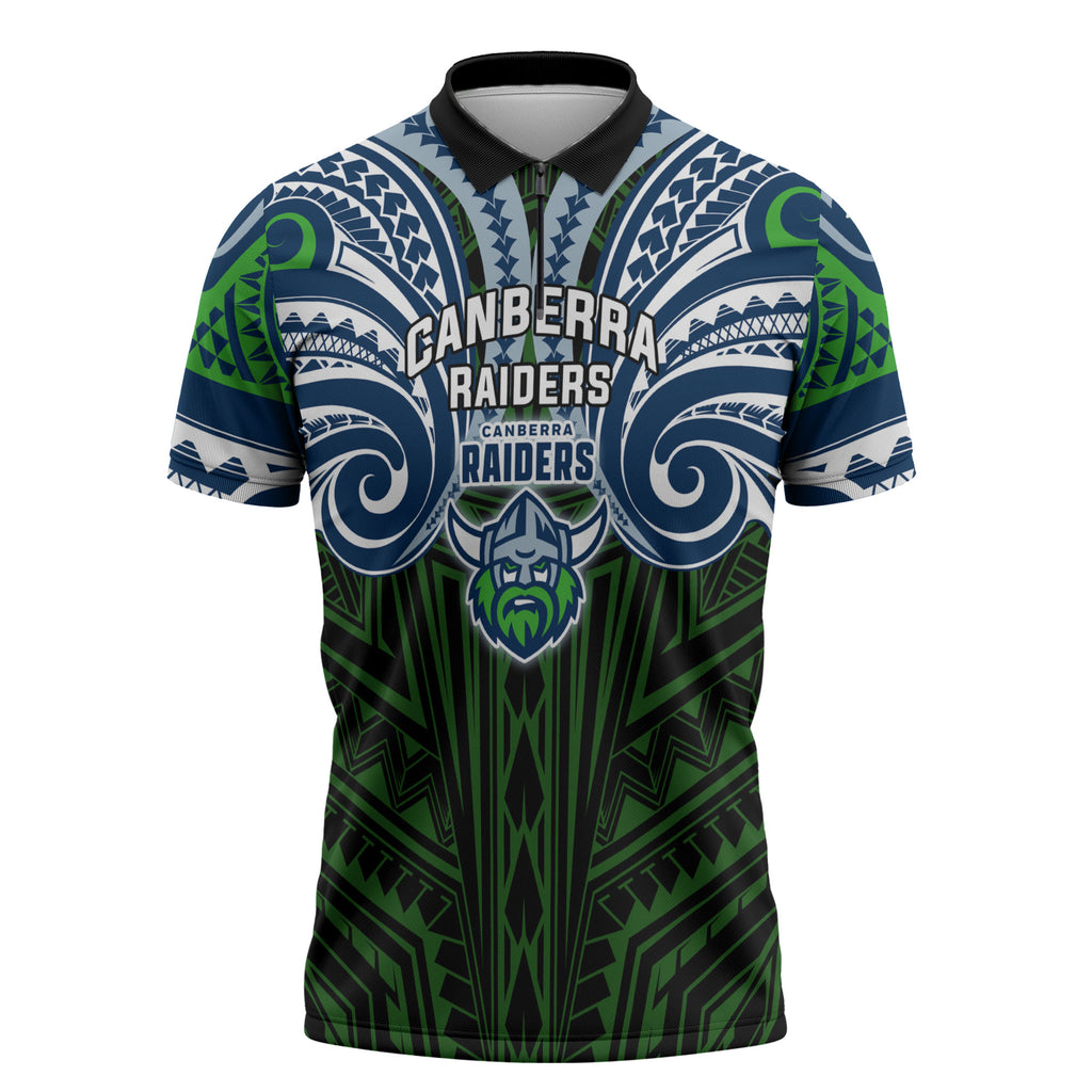 Custom Canberra Raiders Zipper Polo Shirt Viking Warrior Polynesia Islander Rugby Mascot