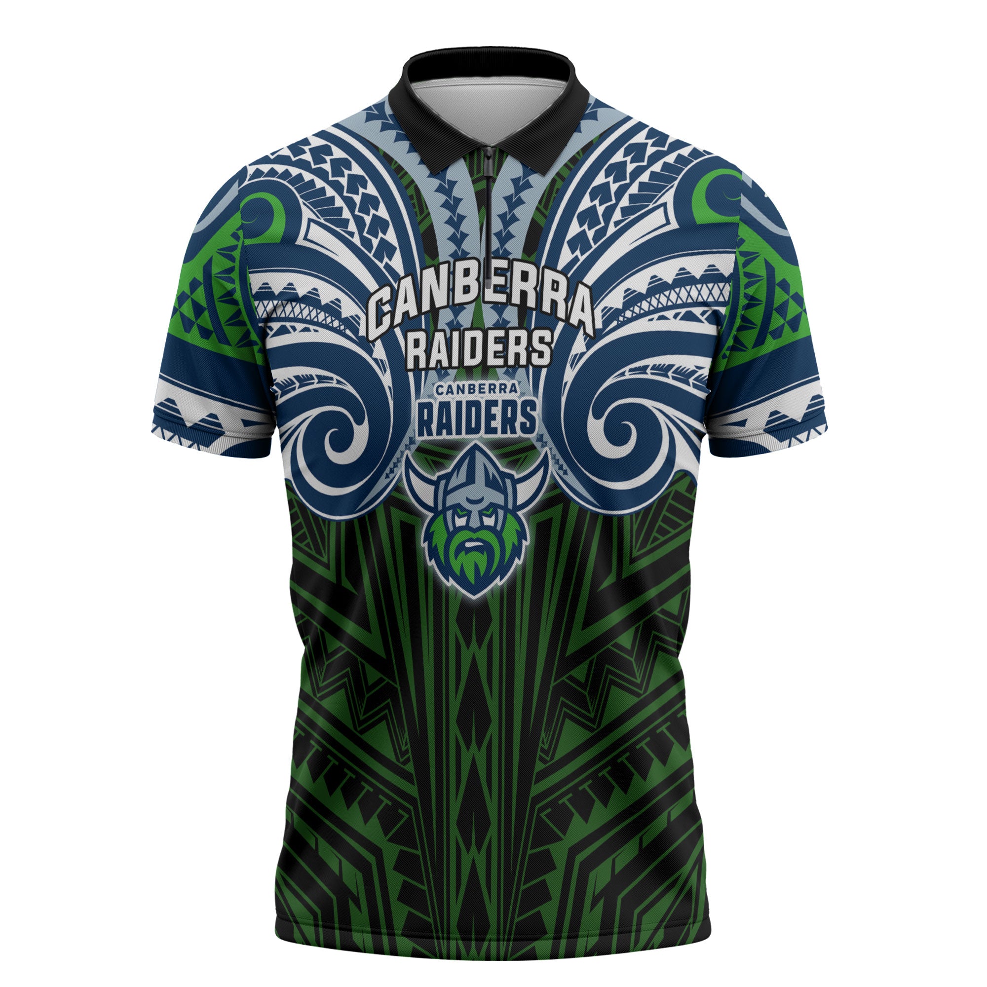 Custom Canberra Raiders Zipper Polo Shirt Viking Warrior Polynesia Islander Rugby Mascot