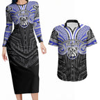 Custom Canterbury-Bankstown Bulldogs Couples Matching Long Sleeve Bodycon Dress and Hawaiian Shirt Bulldog Warrior Polynesia Islander Rugby Mascot