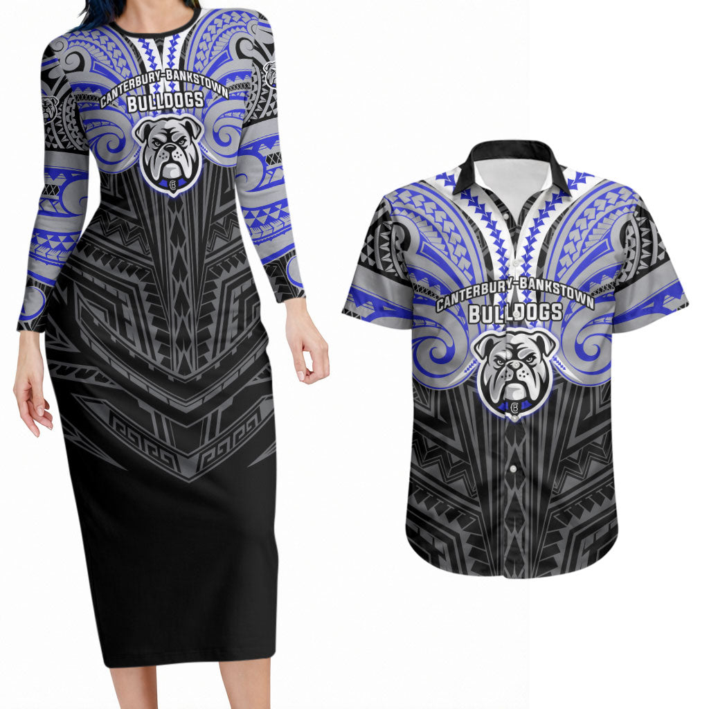 Custom Canterbury-Bankstown Bulldogs Couples Matching Long Sleeve Bodycon Dress and Hawaiian Shirt Bulldog Warrior Polynesia Islander Rugby Mascot