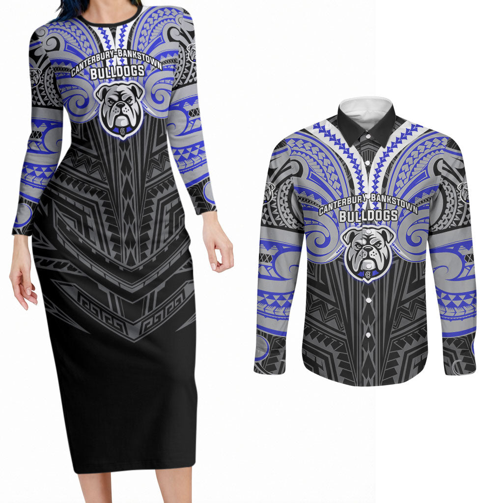 Custom Canterbury-Bankstown Bulldogs Couples Matching Long Sleeve Bodycon Dress and Long Sleeve Button Shirt Bulldog Warrior Polynesia Islander Rugby Mascot