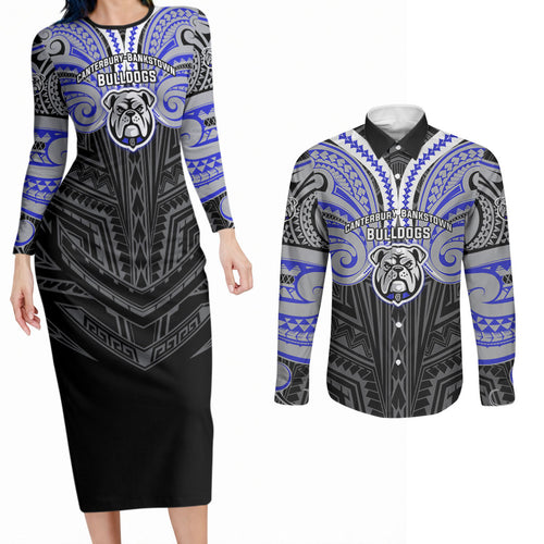 Custom Canterbury-Bankstown Bulldogs Couples Matching Long Sleeve Bodycon Dress and Long Sleeve Button Shirt Bulldog Warrior Polynesia Islander Rugby Mascot