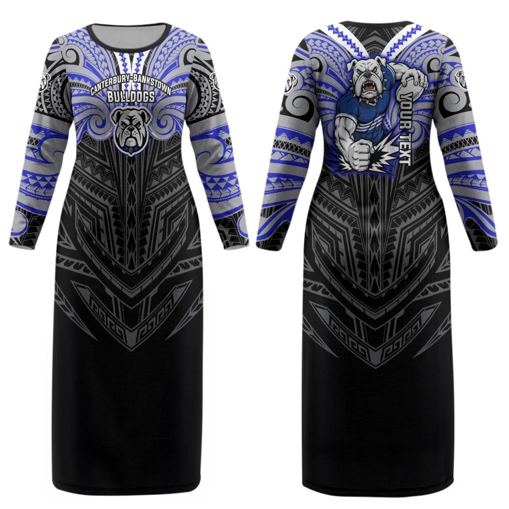 Custom Canterbury-Bankstown Bulldogs Couples Matching Long Sleeve Bodycon Dress and Long Sleeve Button Shirt Bulldog Warrior Polynesia Islander Rugby Mascot