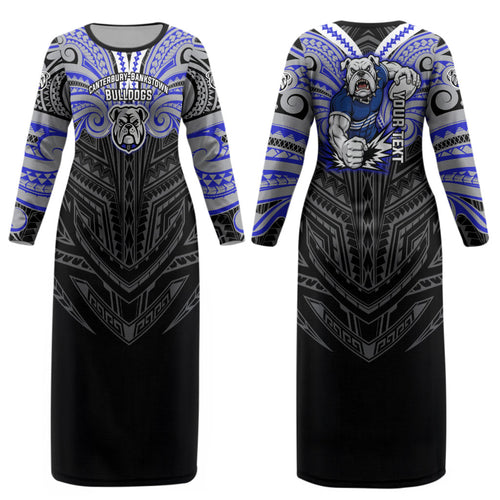 Custom Canterbury-Bankstown Bulldogs Couples Matching Long Sleeve Bodycon Dress and Long Sleeve Button Shirt Bulldog Warrior Polynesia Islander Rugby Mascot