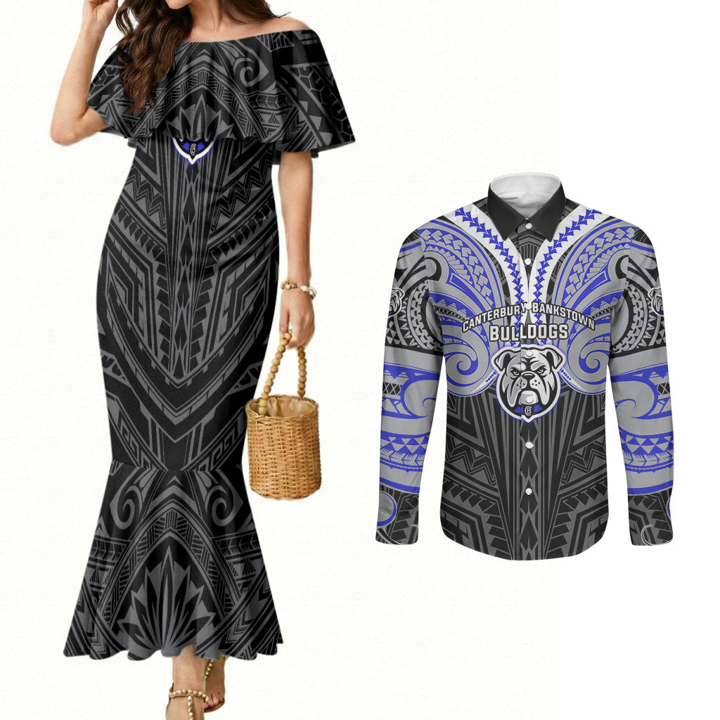 Custom Canterbury-Bankstown Bulldogs Couples Matching Mermaid Dress and Long Sleeve Button Shirt Bulldog Warrior Polynesia Islander Rugby Mascot