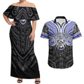 Custom Canterbury-Bankstown Bulldogs Couples Matching Off Shoulder Maxi Dress and Hawaiian Shirt Bulldog Warrior Polynesia Islander Rugby Mascot